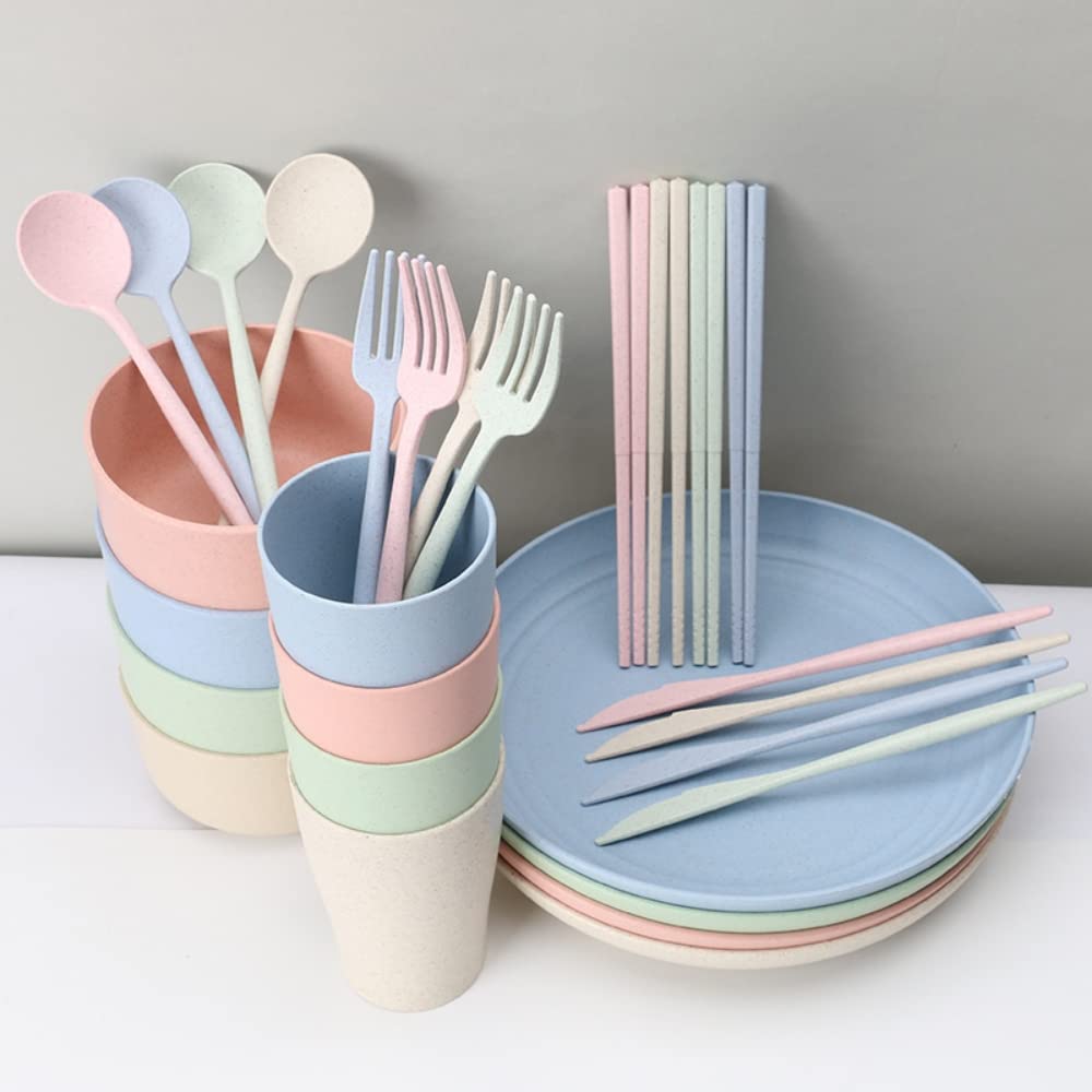 HASTHIP 28Pcs Lightweight Wheat Straw Dinnerware Sets, Unbreakable Microwave Dishwasher Safe Tableware, Lightweight Bowls, Cups, Half Plates, Knife, Fork, Spoon, Chopsticks Set HASTHIP 28Pcs Lightweight Wheat Straw Dinnerware Sets, Unbreakable Microwave Dishwasher Safe Tableware, Lightweight Bowls, Cups, Half Plates, Knife, Fork, Spoon, Chopsticks Set